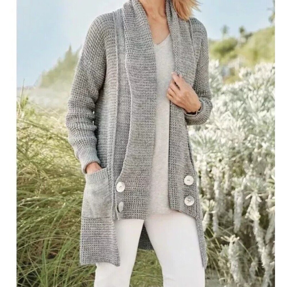 SOFT SURROUNDINGS Townsend Cardigan Sweater Open Front Chunky Knit Gray SMALL‎